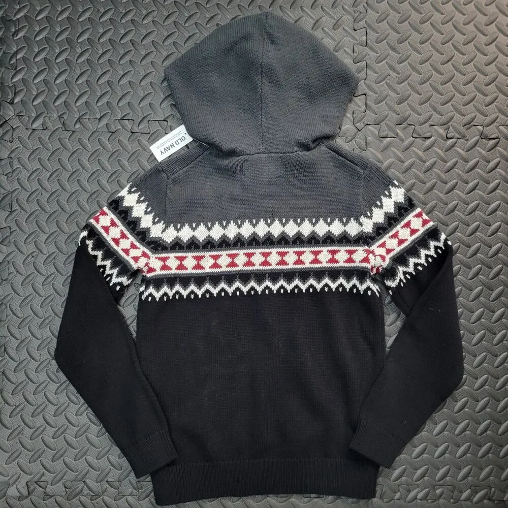 Old Navy Fair Isle Knit Hoodie Sweater Gray Black Red Kids Medium 8 NWT